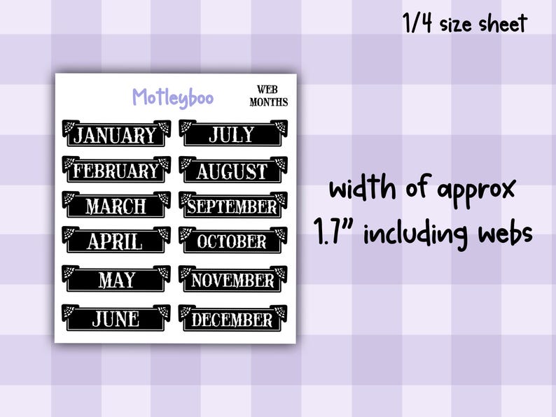 Gothic Planner Stickers, Monthly headers, Black and White, spiderweb design imagem 4