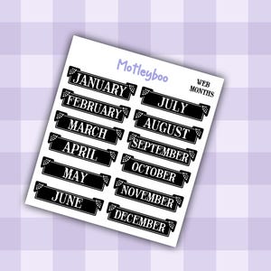 Gothic Planner Stickers, Monthly headers, Black and White, spiderweb design imagem 2