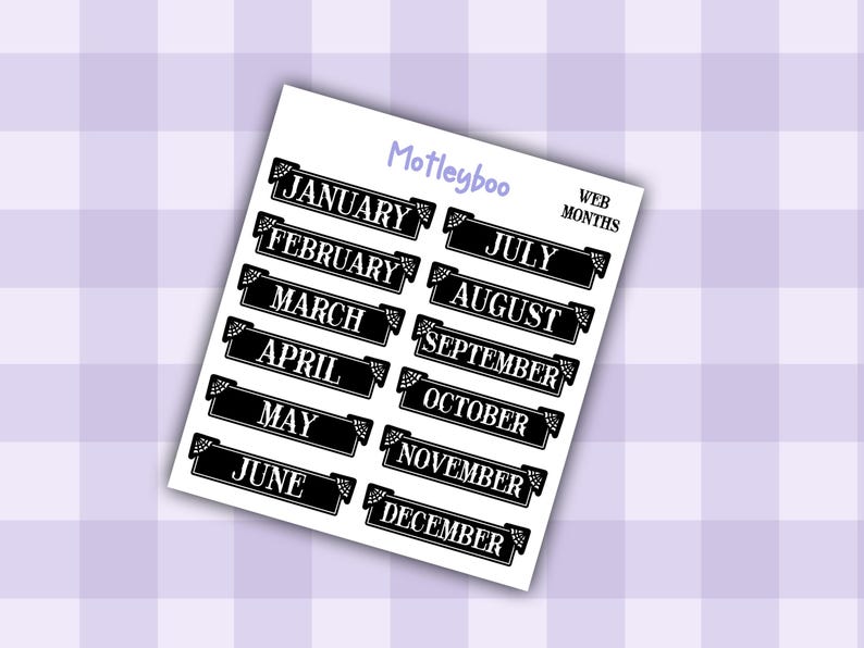 Gothic Planner Stickers, Monthly headers, Black and White, spiderweb design imagem 2