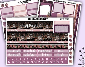 Monthly planner sticker kit, monthly stickers, goth planner, witch planner, functional stickers, Halloween stickers, vertical planner