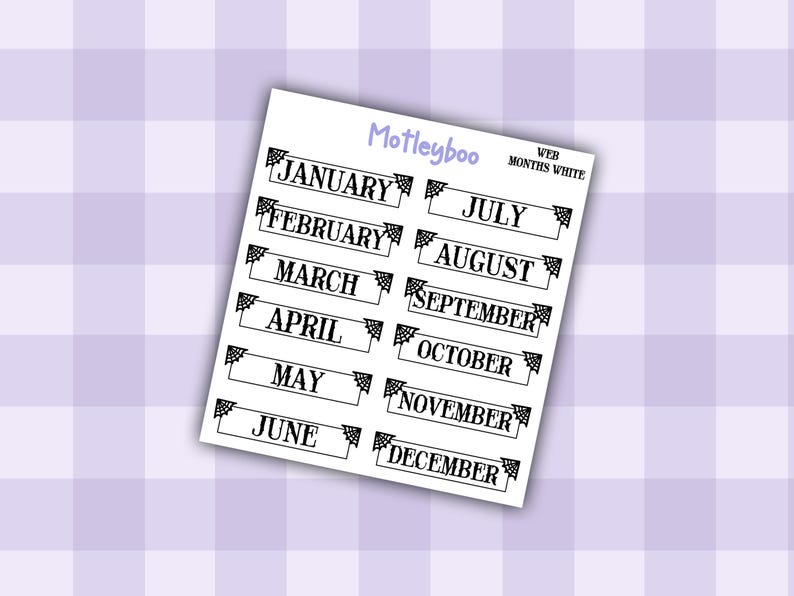 Gothic Planner Stickers, Monthly headers, Black and White, spiderweb design imagem 3