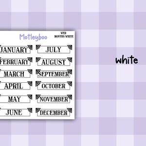 Gothic Planner Stickers, Monthly headers, Black and White, spiderweb design MONTHS WHITE