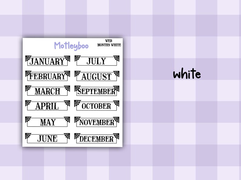 Gothic Planner Stickers, Monthly headers, Black and White, spiderweb design MONTHS WHITE