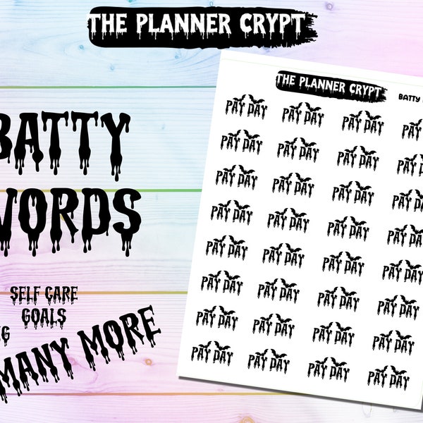 Script words, planner stickers, bats, spooky, goth planner, vertical planner, small journal, functional stickers, weekly planner, hobo week