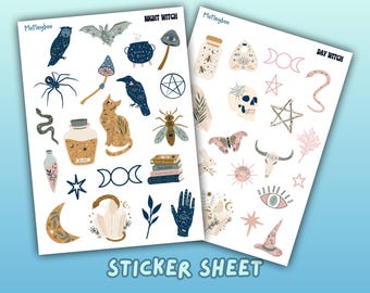 May include: Two sticker sheets with a witch theme. The left sheet has a night witch theme with images of a cat, a raven, a spider, a potion bottle, a crescent moon, a star, a crystal, a hand with an eye, and a book. The right sheet has a day witch theme with images of a skull, a butterfly, a cow skull, a sun, an eye, a star, a snake, and a witch's hat. Both sheets have the text "Motleyboo" and "Sticker Sheet".