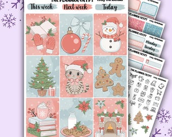 May include: A set of 12 Christmas-themed planner stickers featuring illustrations of a snowman, a cat, a gingerbread house, a fireplace, a mug of hot chocolate, and a Christmas tree. The stickers are designed in a pink and blue color scheme with the text "The Planner Crypt" and "Cozy Christmas" on the stickers.