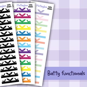 May include: Three vertical sticker sheets with bat designs in black, pink, green, orange, and purple. The stickers are labeled "Motleyboo batty dividers" and "Batty functionals."