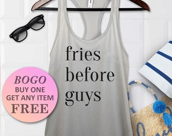 Yoga Tee Gift for Her Shirts with Sayings Heather Gray or Royal Blue Fries Before Guys Womens Graphic Racerback Tank Top