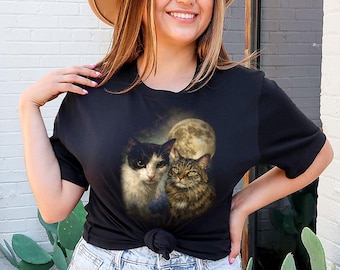 Custom Cat Howling Moon T-Shirt, Personalized Pet Tee, Oil Painting Pet Moon Portrait, Bella Canvas, Unisex Tee
