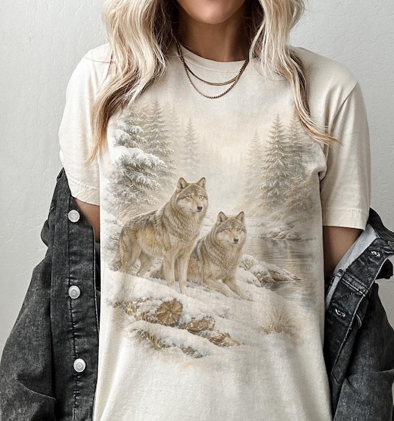 Wolves Retro Nature Snow T-Shirt, Wolf 90's Boho Cabincore Shirt, Unisex Tee