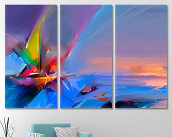 Semi Abstract | Abstract Contemporary Art, Modern Art Oil Painting On Canvas Print, Seascape Boat Sunlight Wall Decor, Vibrant Sky Blue Art