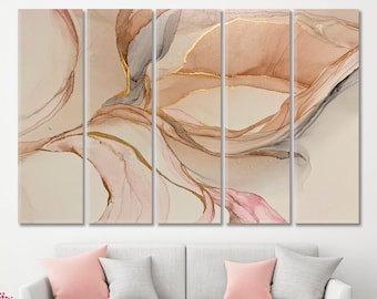 Marble Veins Abstract Art Canvas Print, Trendy Beautiful Neutral Beige Translucent Ink Clouds Art Print, Oriental Fluid Art Ready To Hang