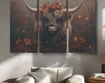 Autumn Highland Cow Canvas Print, Highland Cow Wall Art,  Fall Season Art, Highland Cow Wall Hanging, Gift for Animal Lovers, Animal Prints