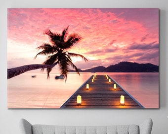 Pink Romantic Sunset Canvas Print Wall Decor, Wooden Jetty Tropical Beach Poster Print, Panoramic Dreamy Evening Candles Landscape Wall Art