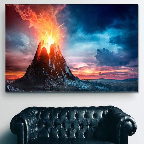 Erupting Volcanic Mountain Huge Eruption Poster Print, Active Volcanoes Lava Fire Plumes Art Canvas Print Framed Ready To Hang Large Decor