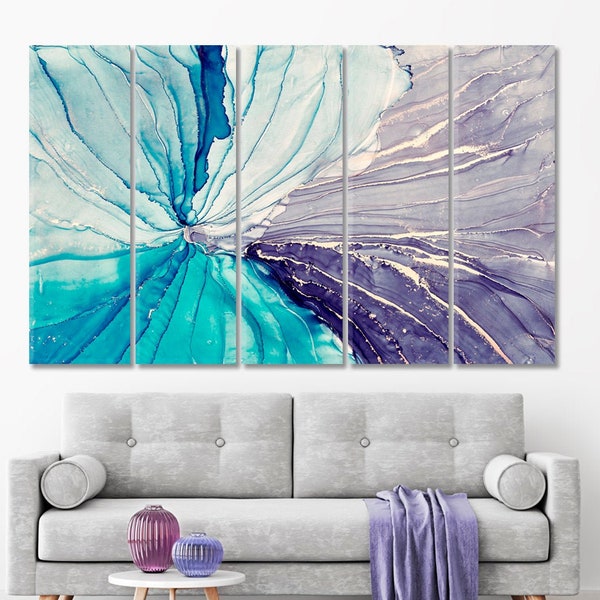 Blue Purple Canvas Print Wall Art, Abstract Marble Wall Art, Translucent Veins Canvas Art, Beautiful Printed Canvas Art, Marble Waives Art