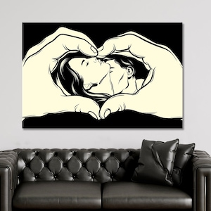 The KISS Canvas Art Print, Kissing Couple Love Concept Extra Large Wall Art, Love Heart Made With Hands Beautiful Poster Print Framed Art