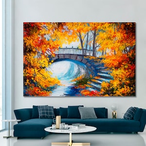 Arte murale autunnale, Paesaggio autunnale dorato, Stampa su tela di un ponte su una strada forestale, Grande decorazione murale, Stampa su tela di foglie rosse brillanti, Arte autunnale