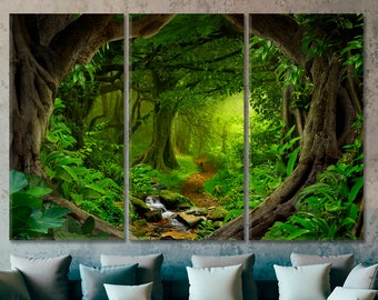 Arte de parede com tema de selva, impressão em tela de selva, decoração de parede com tema de floresta na selva, decoração de casa com tema de floresta tropical, arte de paisagem com cenário, arte com árvore da floresta tropical