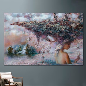 Impressão em tela de arte de parede incrível do País das Maravilhas, arte alegoria criativa, arte do oceano de fadas, decoração de parede com impressão giclée de fantasia, arte linda
