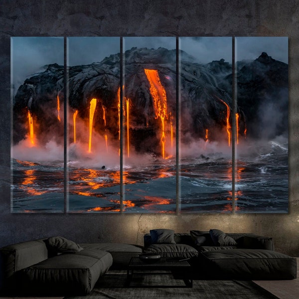 Twilight Flow | Multiple Red Hot Lava Flows Hawaii Attractions Art, Hawaii Volcanoes Photo Poster Print, Big Island Art, Volcanic Steam Art