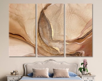 Beige Marble Veins Abstract Art Canvas Print For Large Walls Decoration, Trendy Beautiful Neutral Beige Translucent Ink Colors Art Print