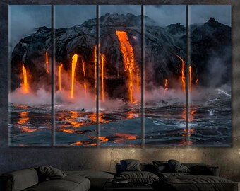 Väggkonst med vulkaner på Hawaii, väggkonst med flödeshet lava, konst med flöden på Hawaii, fotoaffisch med vulkaner på Hawaii, konst med Big Island, konst med vulkanisk ånga