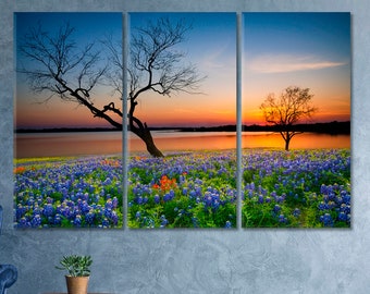 Texas Bluebonnet Wall Art, Texas Spring Bluebonnet Wall Decor, Texas Hill Country Canvas Art, Wildflower Field Tree Art, Meadow Canvas Print