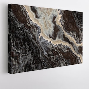 Black And White Abstract Wall Art,  Onyx Canvas Print Wall Art, Abstract Curly Grey And Black Veins Canvas Art, Modern Marble Wall Art Print