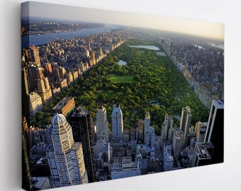 May include: An aerial view of Central Park in New York City, with tall buildings surrounding the park. The park is green and lush, with trees and grass. The buildings are mostly gray and brown, with some glass windows.