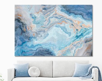 Abstract Tender Blue Marble With Curly Pale Grey Veins Canvas Print Art, Marble Pattern Wall Art Decor, Beautiful Marble Artwork On Canvas