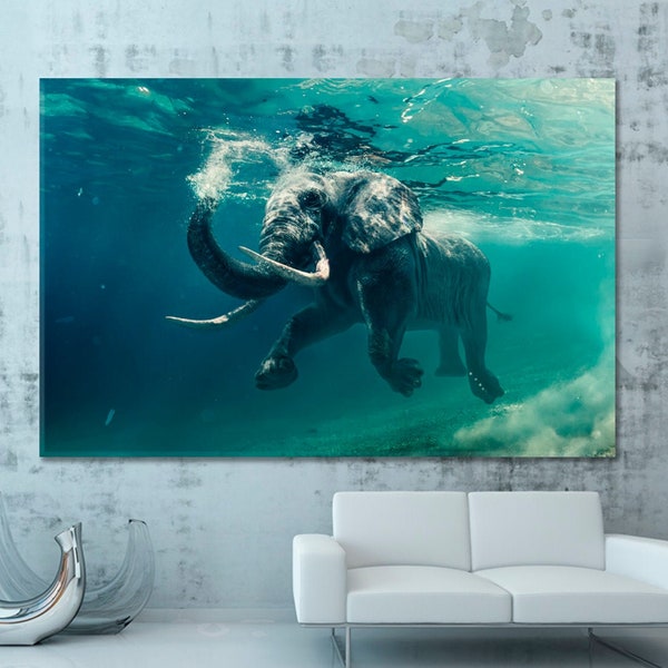 Joy | Swimming Elephant Underwater Poster, Africa Elephant Amazing Photo Canvas Print, Ocean Photography Wall Decor, Wild Animals Wall Art