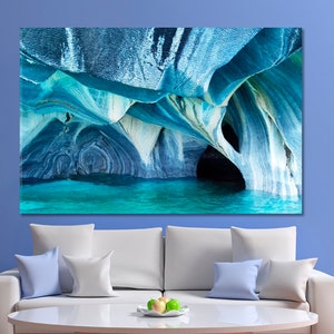 Marble Caves Patagonia Chile Poster Print, Turquoise Colors Splendid Shapes Marble Caves Photo Art Print, Unearthly Beauty Nature Art 1 Panel