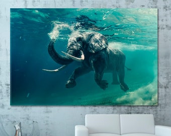 Swimming Elephant Underwater Poster, Africa Joy Elephant Amazing Photo Canvas Print, Ocean Photography Wall Decor, Wild Animals Wall Artwork