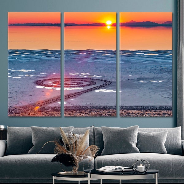 Sunset Spiral Jetty Giant Earthwork Sculpture by Robert Smithson Photo Poster Canvas Print, Great Salt Lake USA Landmarks Wall Art Print