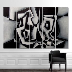 May include: Abstract art painting in black and white with geometric shapes. The painting is divided into five panels.