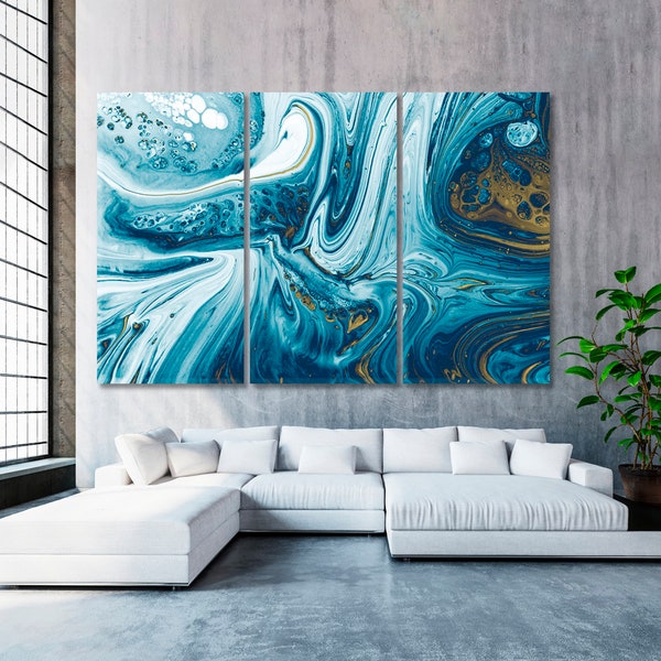 Blue Lagoon | Beautiful Blue Acrylic Pour Color Liquid Artwork, Marble Abstract Canvas Print, Ancient Oriental Wall Art, Marble Wall Decor