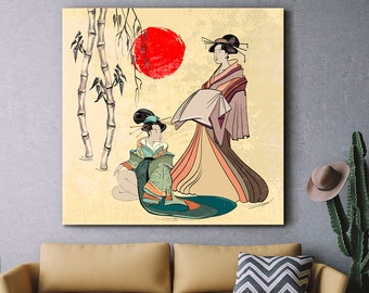 Vackra japanska geisaflickor på canvastavla, väggdekor, klassisk japansk kvinna i antik stil, kanvastavla, prisvärt konstverk