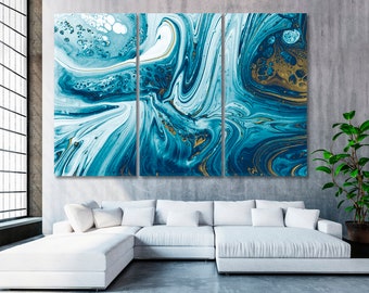 Blue Lagoon | Beautiful Blue Acrylic Pour Color Liquid Artwork, Marble Abstract Canvas Print, Ancient Oriental Wall Art, Marble Wall Decor