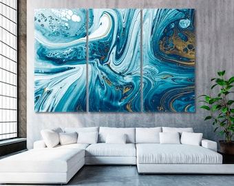 May include: Abstract art print featuring a blue, white, and gold marbled design. The print is divided into three panels.