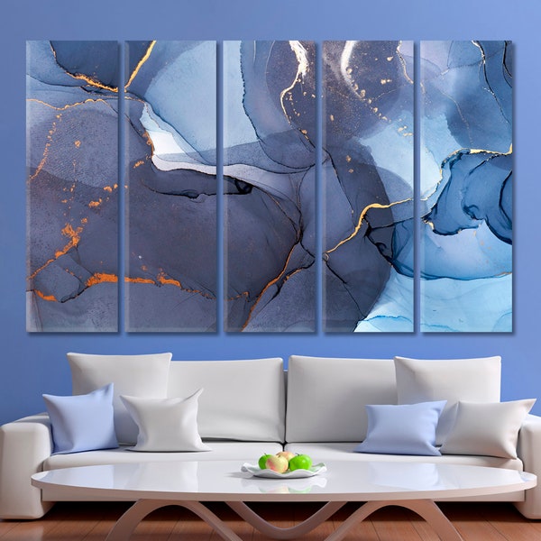Fluid Ink Water Ancient Art Canvas Print, Modern Marble Art Wall Decor, Oriental Style Interior Design, Abstract Blue Artwork, Split Art