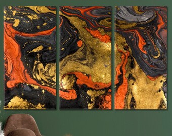 Könnte beinhalten: Abstrakte Triptychon-Wandkunst mit einem wirbelnden Muster aus schwarzer, goldener und orangefarbener Farbe. Das Kunstwerk ist in drei Tafeln unterteilt, jede mit einem einzigartigen Design.