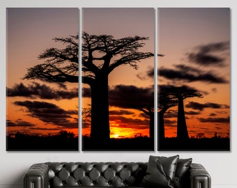 Beautiful Night View African Landscape Huge Old Baobabs Wall Art Canvas Print Decor, African Savanna Poster Print, Stunning Sunset Wall Art