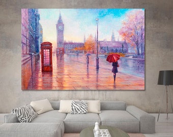 London Rain | Big Ben England Modern Art, Gentle City Landscape Artwork, Large Wall Décor Home Canvas Print, Cityscape Wall Art, Fine Art