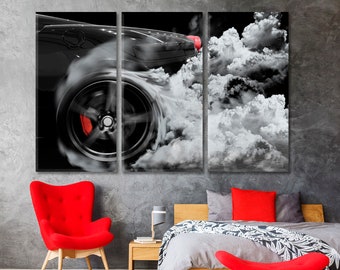 Auto Wall Art, Power Auto Wall Decor, Luxury Black Sport Car Drifting Canvas Print, Burning Tires Canvas Artwork, Auto Smoking Track Decor