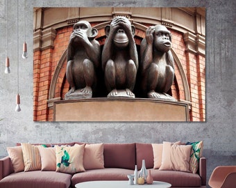 Three Wise Monkeys  | Wise Monkeys Canvas Print Wall Decor, Ready To Hang Photo Poster Print, No Speak, No See, No Hear Wall Art