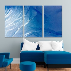 Marble Wall Art | Ice Wall Art Blue Fluid Art, Blue Silver Marble Wall Decor, Luxury Abstract Painting Canvas Print, Extra Large Art Print