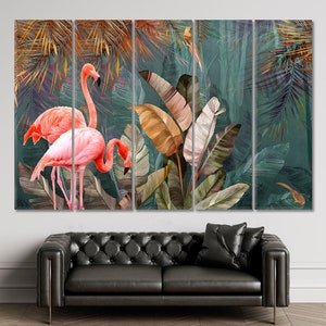 Rainforest Flamingos Tropical Leaves Palms Artwork Printed Canvas Wall Art Decor, Jungle Landscape Art Print Décor, Exotic Nature Art Print