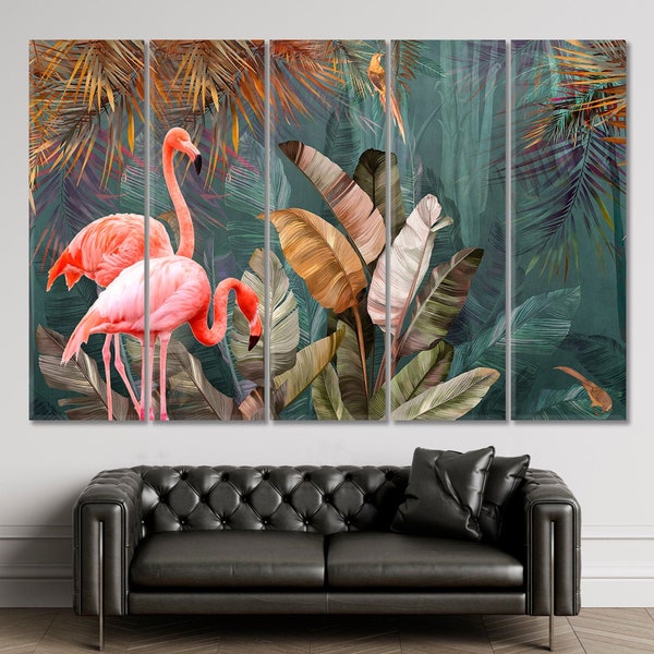 Forêt tropicale, flamants roses, feuilles tropicales, palmiers, oeuvre d'art imprimée sur toile, décoration murale, impression d'art paysage jungle, impression d'art nature exotique