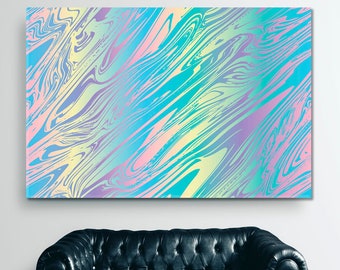 Abstract Holographic Foil Pattern Contemporary Art Canvas Print, Opalescent Liquid Marble Neon Blue Pink Purple Yellow Framed Canvas Print